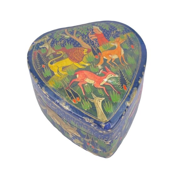 Hand-Painted Heart Shaped Decorative Box With Forest Animal Scene from India - Picture 2 of 12